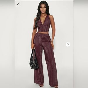 Fashion Nova Faux Leather Snake Pants Set - Burgundy XL